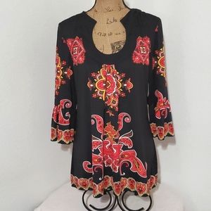 INC Petite black and red  abstract print 3/4 bell sleeve tunic top Lg.